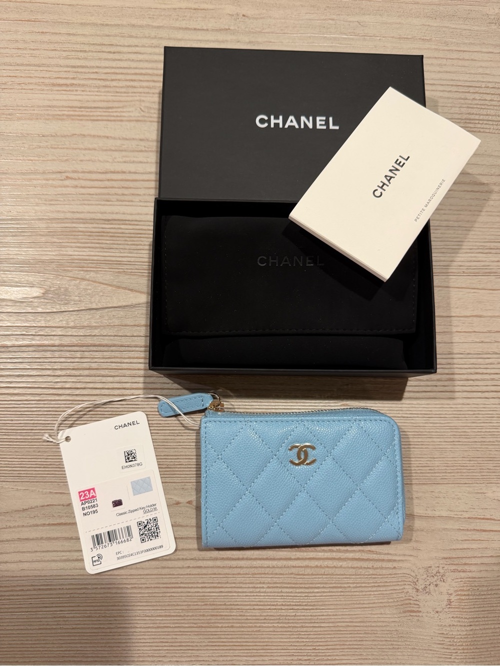 CHANEL Quilted Zip Card Holder Wallet — Baby Blue with Gold Hardware